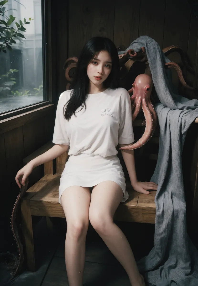 Photorealistic image of a young woman sitting on a wooden bench indoors near a window, wearing a white t-shirt and skirt, with an octopus and its tentacles draped around the throne and her.