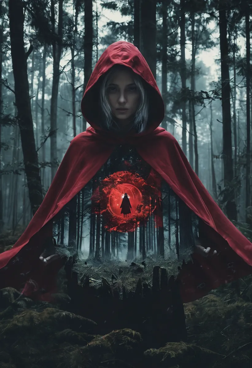 A hooded woman wearing a vivid red cape stands in a dark forest with a mysterious glowing red mecha black hole double exposure effect centered on her chest.