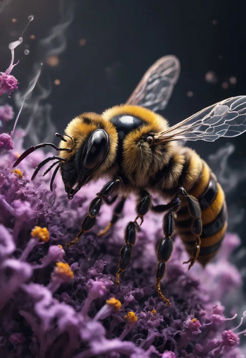 Close-up macro image of a detailed, cyborg-styled bee with smoke effects, perched on vibrant purple flowers.