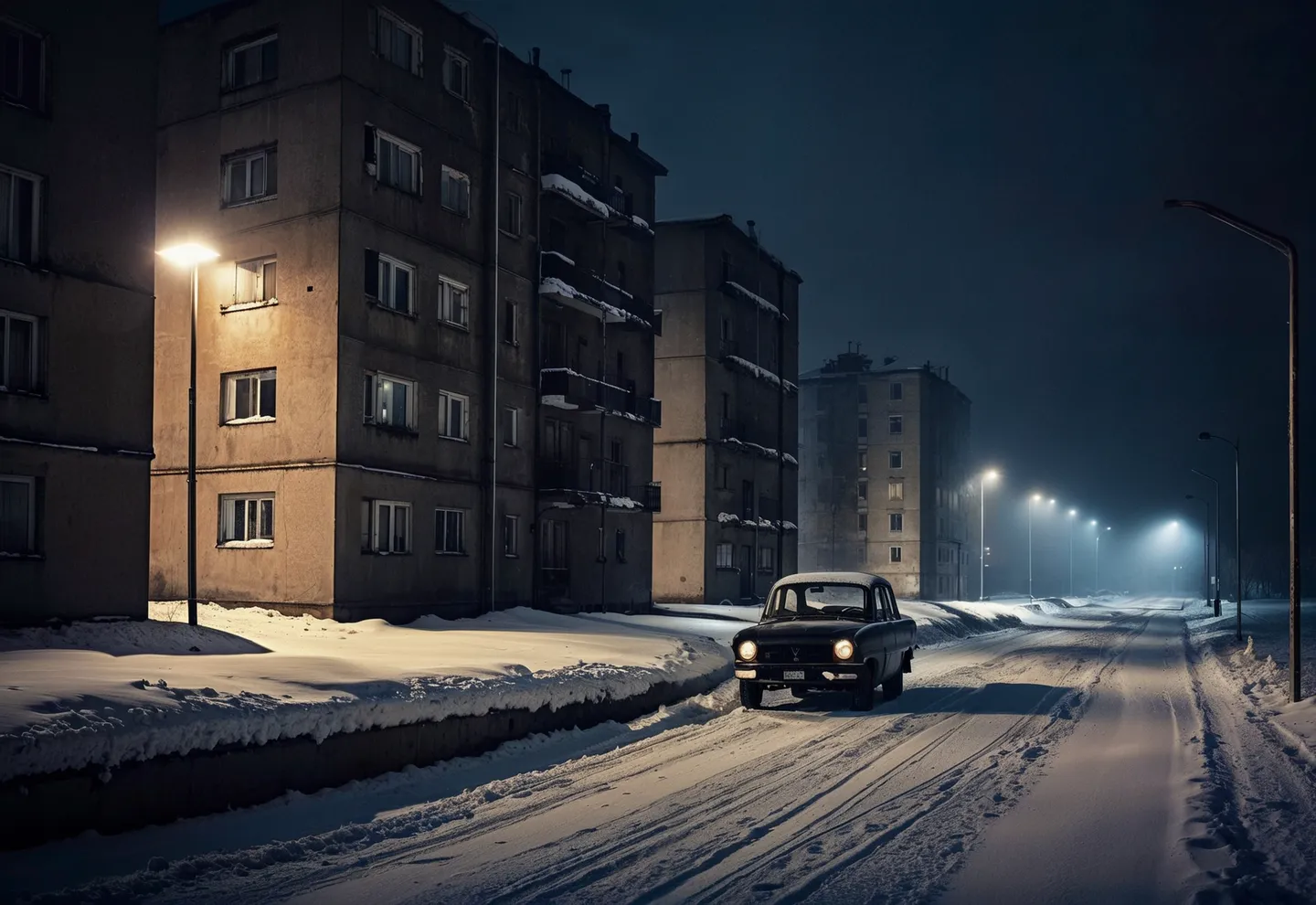 Snow-covered street in a future Soviet city at night with Soviet-style apartment buildings, lit streetlamps, and a futuristic Lada car driving on the icy road under a dark, cold, and eerie atmosphere.