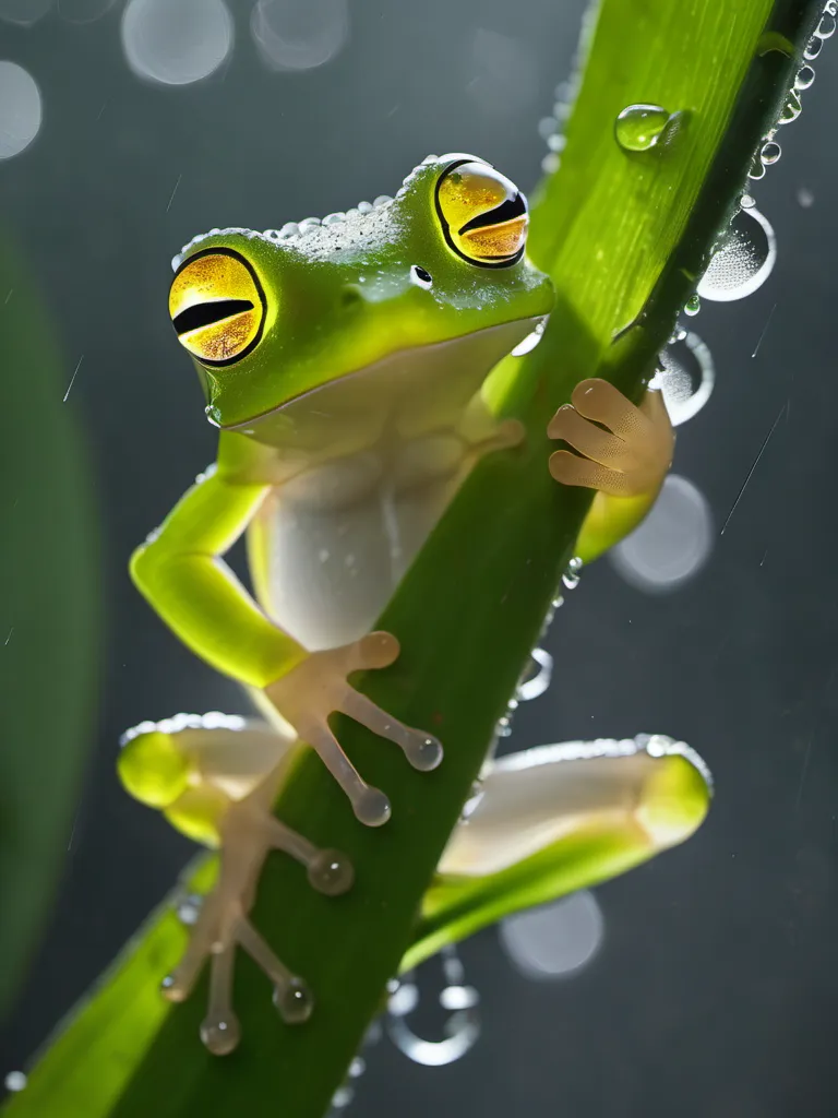 Close-up of a glass frog clinging to a green translucent banana leaf with rain droplets and charming light