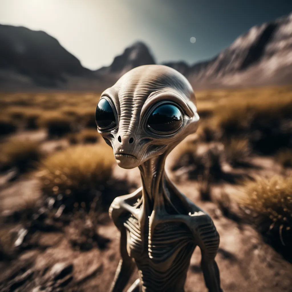 A close-up view of a curious alien with large black eyes and ribbed skin in a high detail alien landscape with alien flora, captured with a wide angle lens and film grain effect.