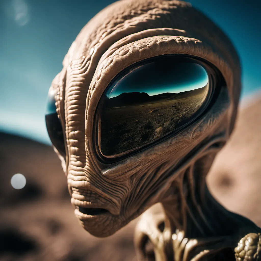 Close-up view of a highly detailed alien face with large reflective eyes showing an alien landscape, captured by an interstellar probe with film grain effect.