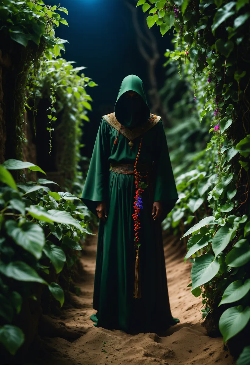 A hooded sorcerer in a green robe stands in a lush garden corridor surrounded by dense vibrant foliage, illuminated by mystical volumetric lighting with glowing eyes faintly visible in the shadowed face.