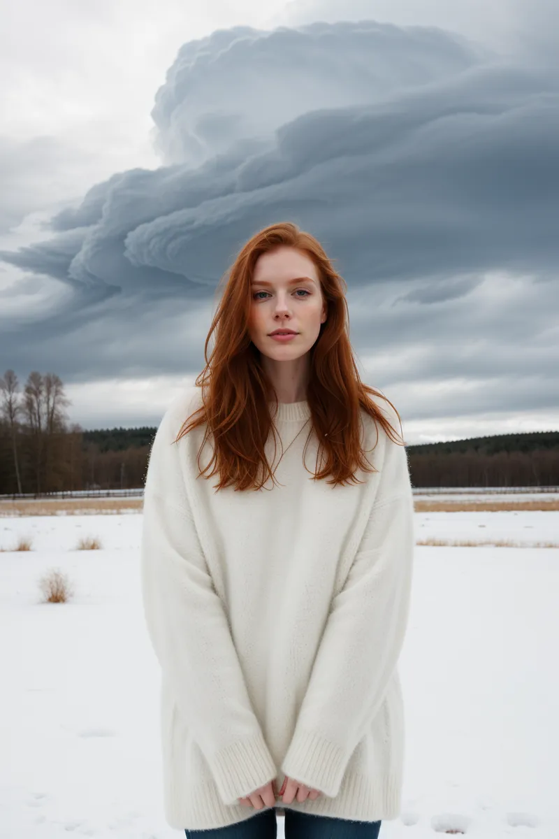 Pale Scandinavian ginger woman wearing an oversized fuzzy white sweater standing outdoors in snowy field with dark storm clouds overhead.