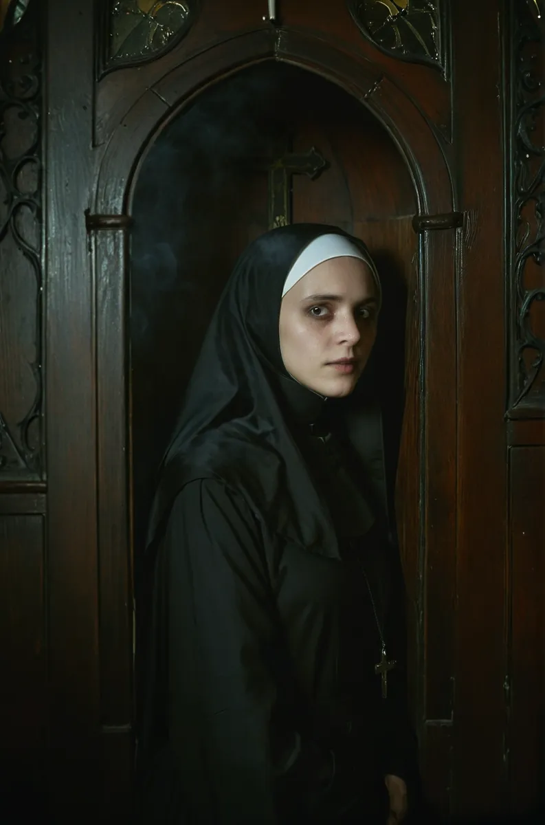 A 25-year-old nun in a dark gothic confessional booth, peeking slightly scared, illuminated by soft chiaroscuro lighting with smoke in the church background.