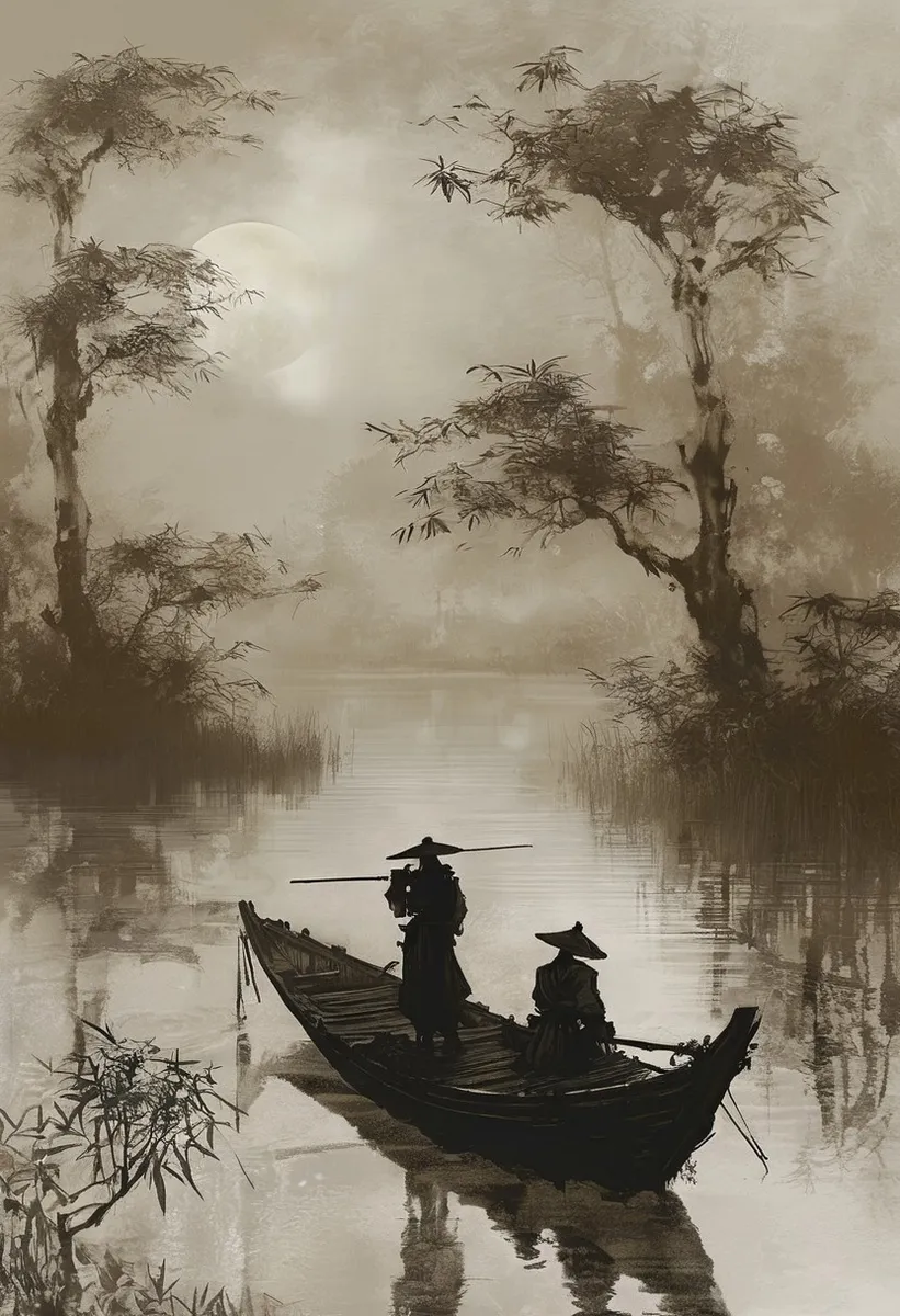 Ink illustration of two samurai on a boat navigating swampy wetlands under moonlight, surrounded by tall willow and bamboo trees in a misty, dystopian ambiance.