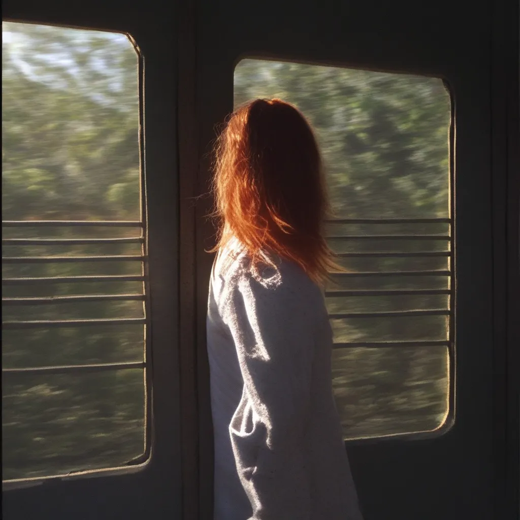 A girl with red hair stands inside a train compartment looking outside through two windows with morning light illuminating her silhouette.