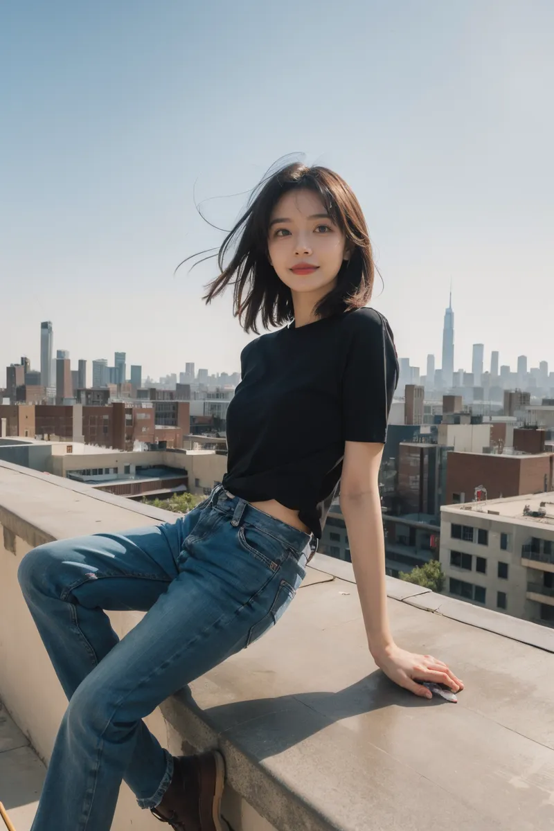 Girl sitting on a rooftop ledge with city skyline in background, wearing jeans and a black shirt, hair blowing gently in the wind.