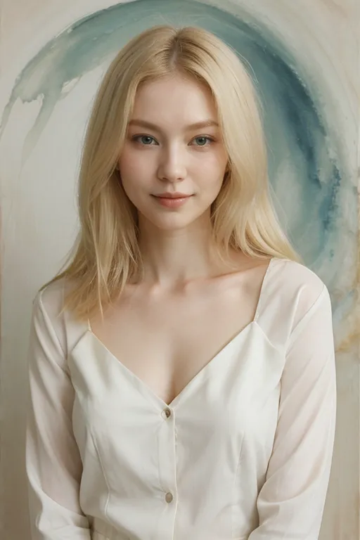 Portrait of a pale blond woman with a subtle smug expression, dressed in a white blouse, set against an abstract watercolor background inspired by Zao Wou-Ki.