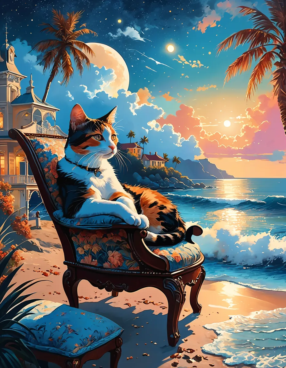 A calico cat lounging on an ornate floral-patterned chair in front of an elegant Victorian villa by a moonlit beach, with palm trees and ocean waves under a starry sky.