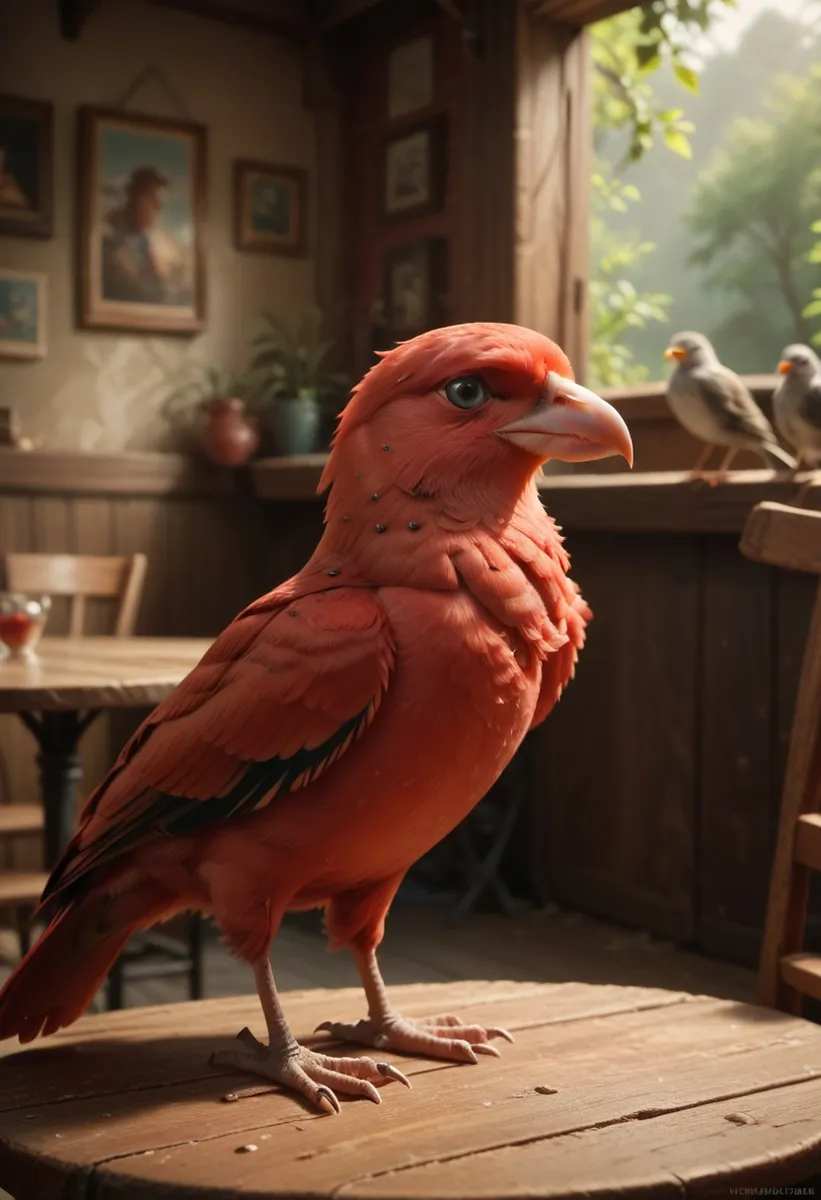 A realistic red budgie bird standing on a wooden table inside a cozy room with paintings on the walls and sunlight coming through the window.