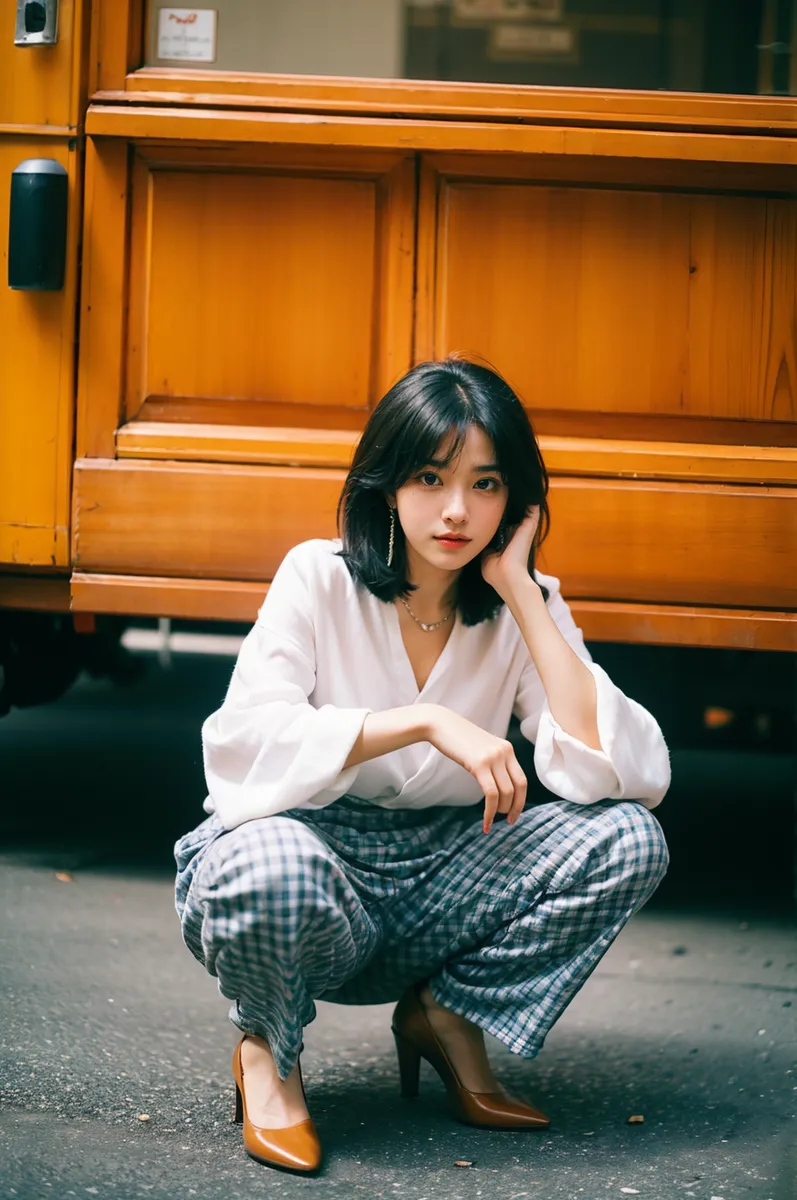 Mature woman crouching wearing checkered pants, a white blouse, and brown high heels against a wooden background.