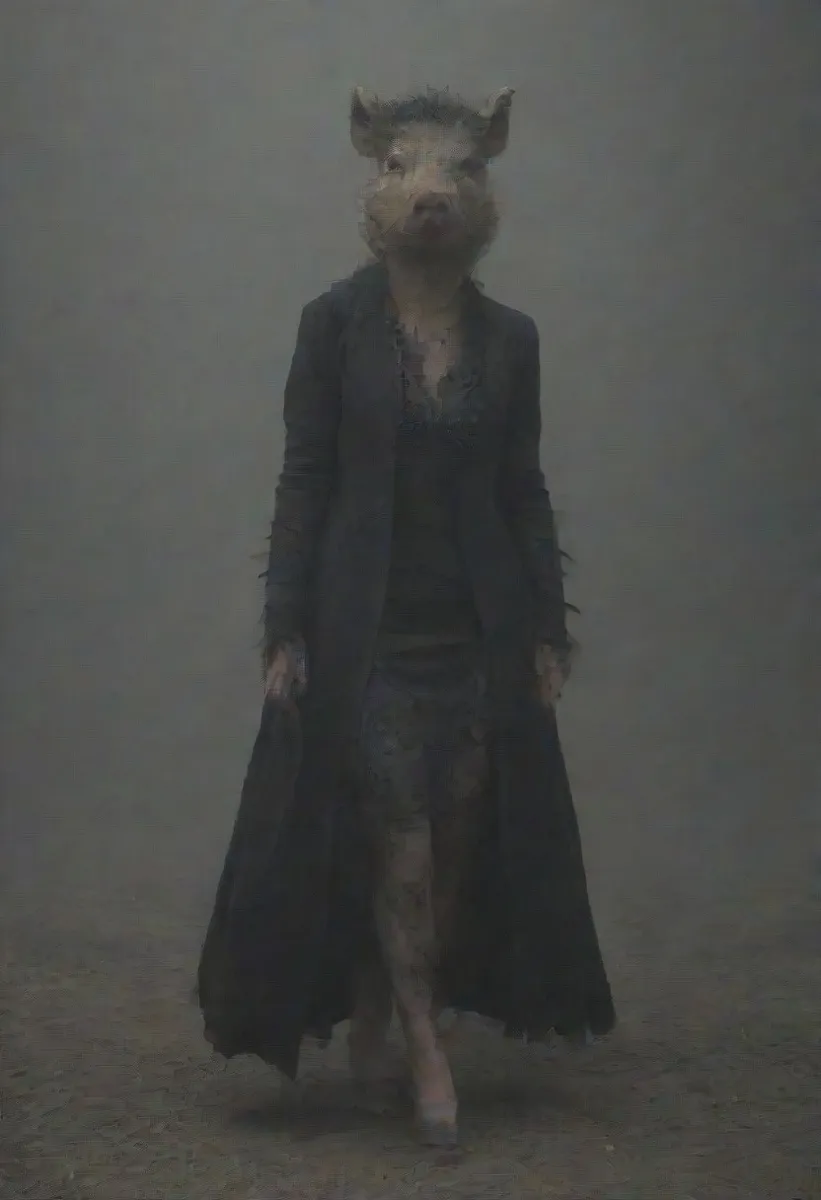 Ultra realistic figure of a female wild boar with an anthropomorphic face wearing a dark, long, tattered princess dress walking forward in a misty or foggy environment.