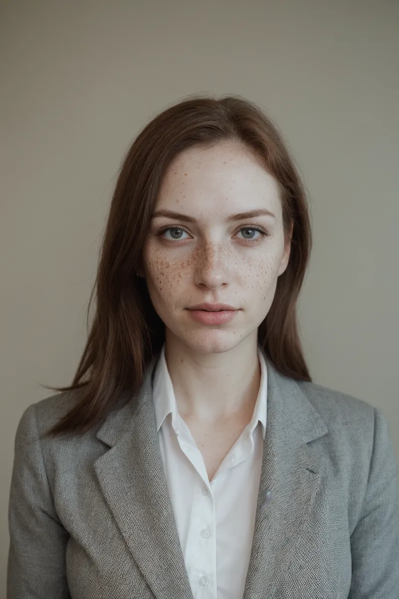 Close-up portrait of a business woman with freckles, wearing a grey blazer and white shirt, photographed with shallow depth of field.