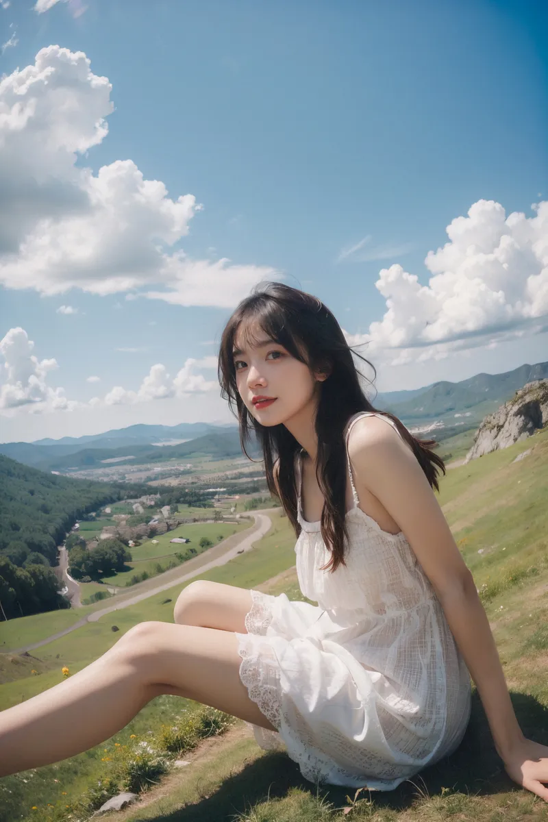 A young girl in a white dress sitting relaxed on sloping grass with a gentle breeze blowing her hair, under a clear blue sky dotted with fluffy clouds, captured with a fisheye perspective.