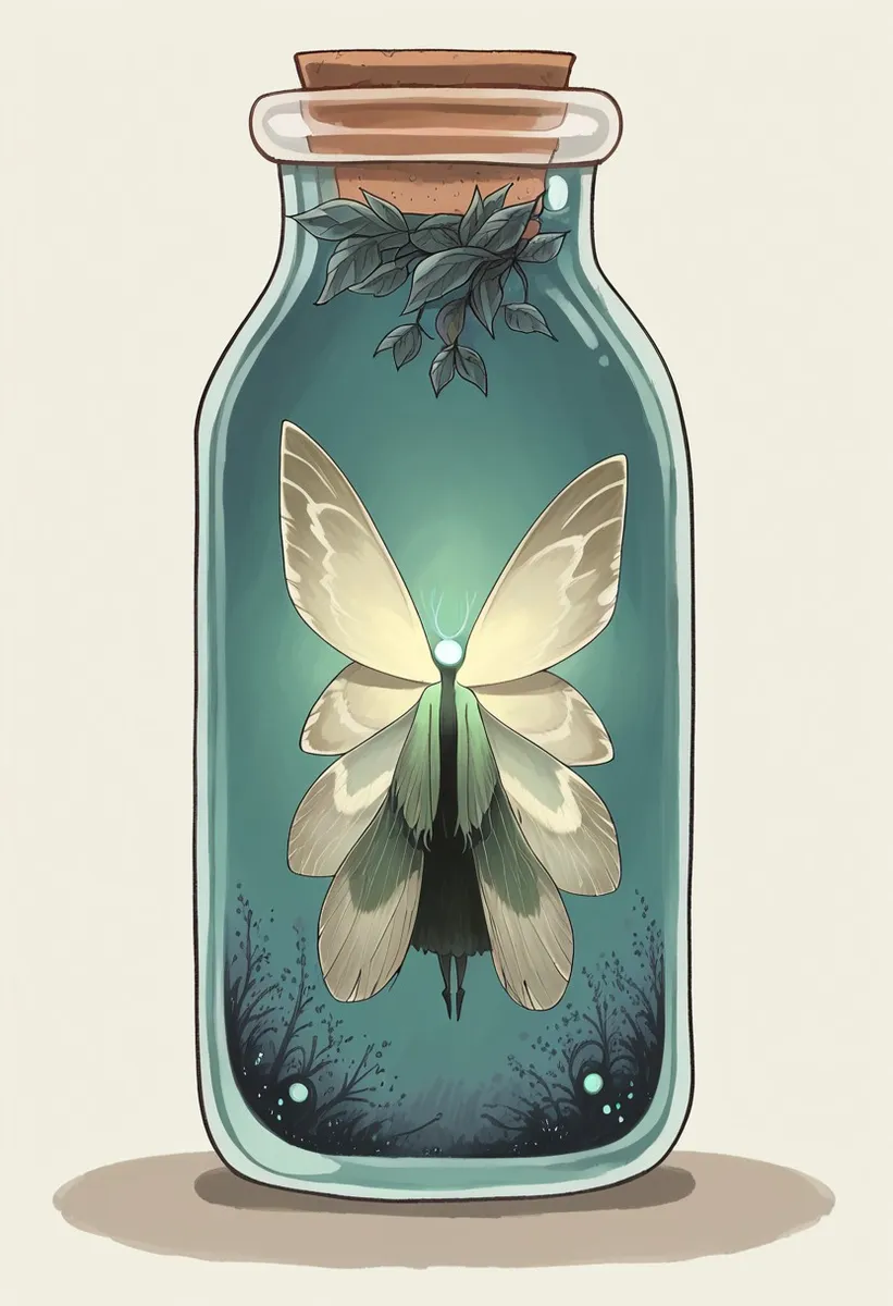 A glowing humanoid fairy with light green moth wings floating inside a round jar sealed with a cork, surrounded by dark intricate plant-like patterns inside the jar.