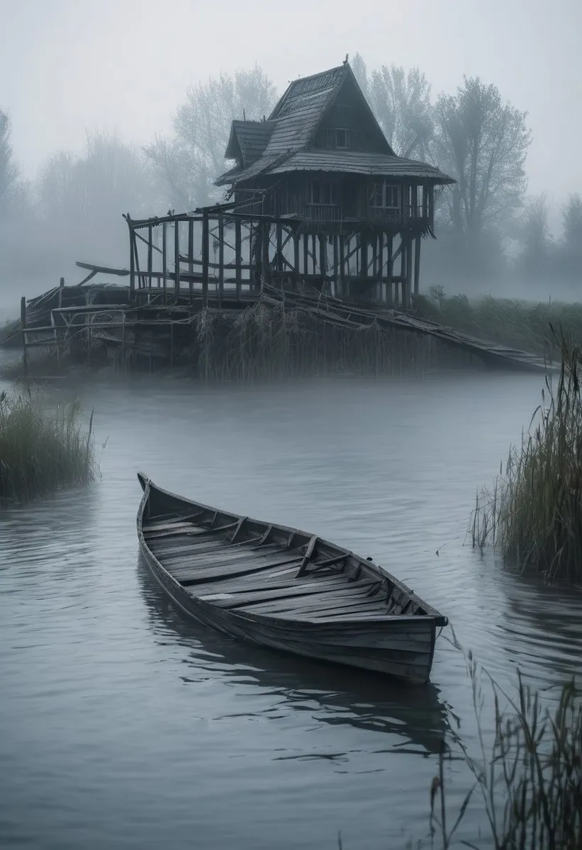 A wooden bridge leads to a fog-shrouded small island with an old Slavic style house, surrounded by trees and a half-submerged boat near the water.