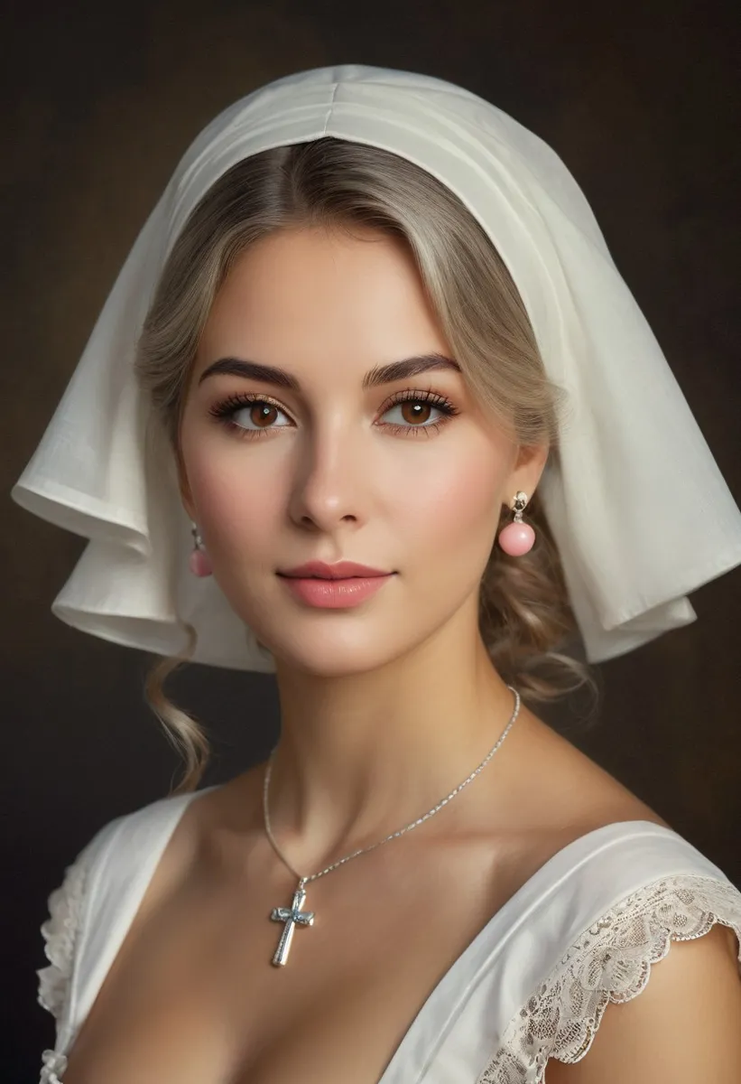 Portrait of a beautiful young maid wearing a traditional white cotton habit and hair veil, with brown eyes, pink lips, subtle smile, and a silver cross pendant against a dark vintage background.