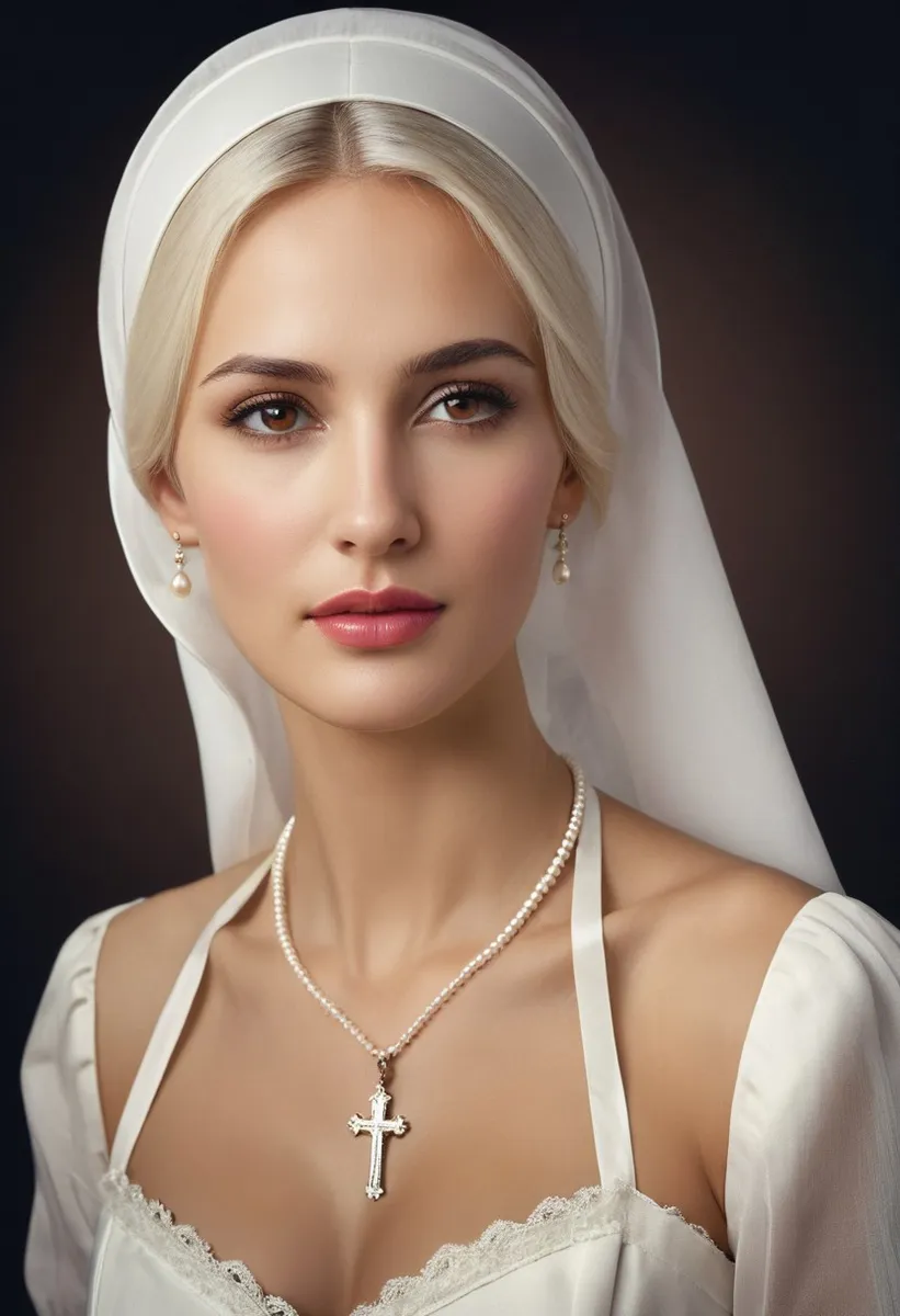A photorealistic portrait of a young woman wearing a white cotton habit and hair veil, with a cross pendant necklace, soft brown eyes, and subtle makeup, posed against a dark vintage-style background.