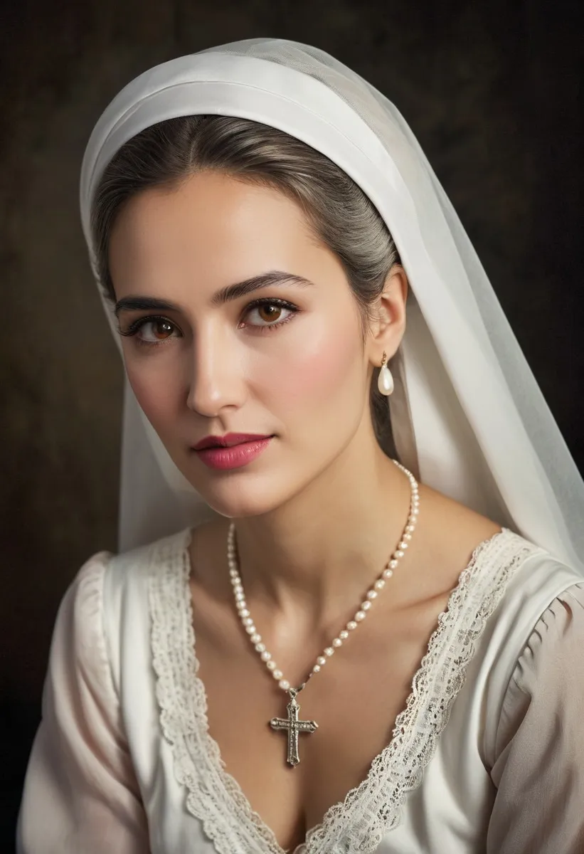 Portrait of a graceful young maid wearing a white cotton habit and hair veil, with a pearl necklace and cross pendant, brown eyes, and pink lips against a dark vintage-style background.