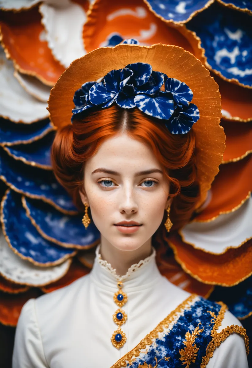 Portrait of a young woman with red hair wearing a white and gold Renaissance-style dress, adorned with blue floral headpiece and gold jewelry, set against a backdrop of blue and orange Delft-style porcelain plates.