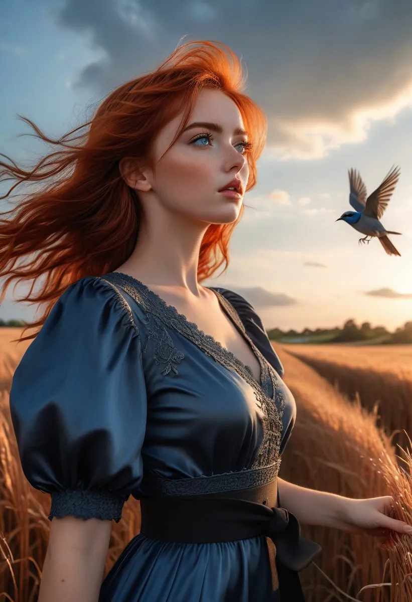 Young woman with flowing red hair and blue eyes wearing a detailed blue dress in a golden field at sunset, gazing to the side with a bird flying nearby.