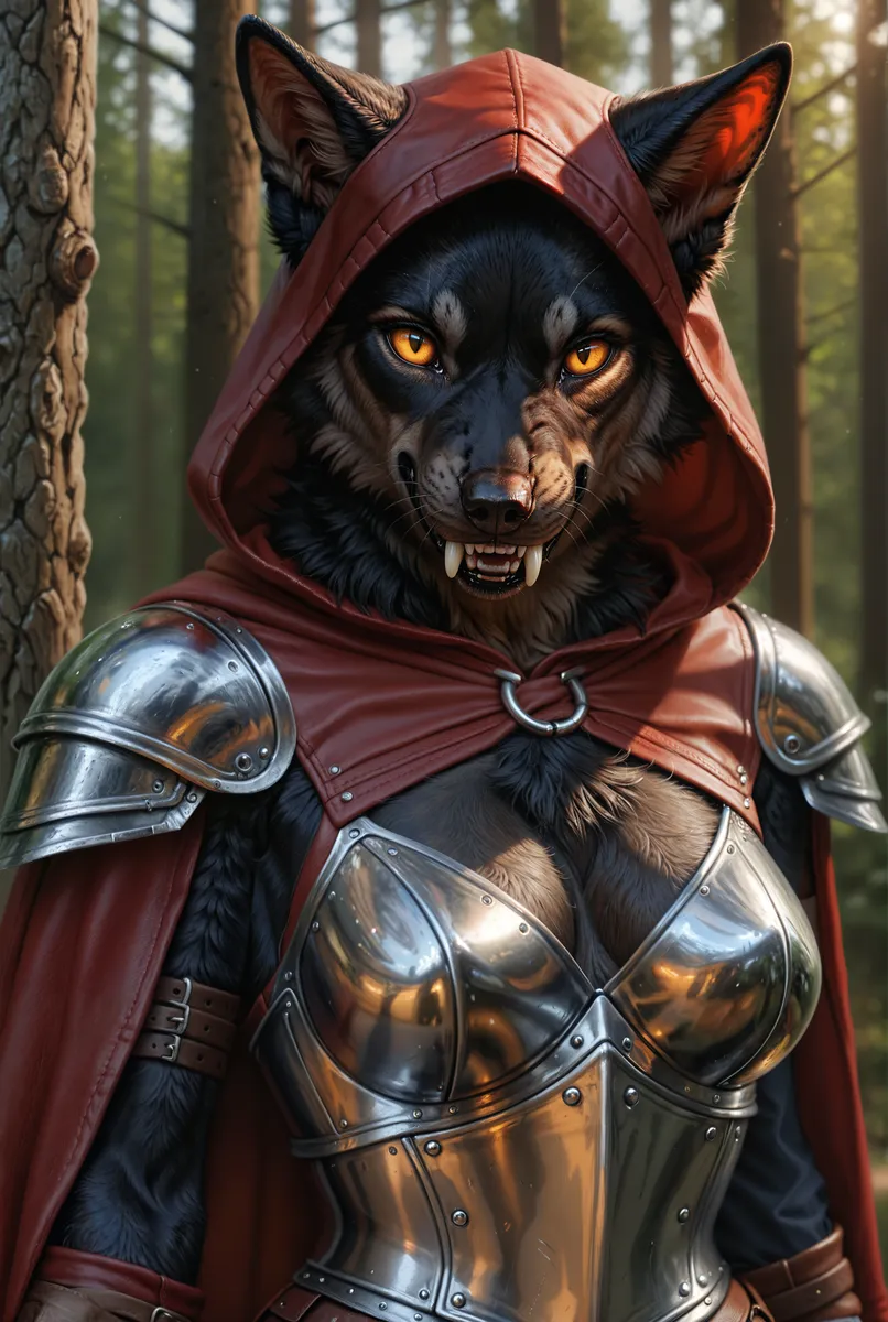 Photorealistic anthropomorphic werewolf female wearing red hooded cloak and shiny leather armor, standing in a forest.