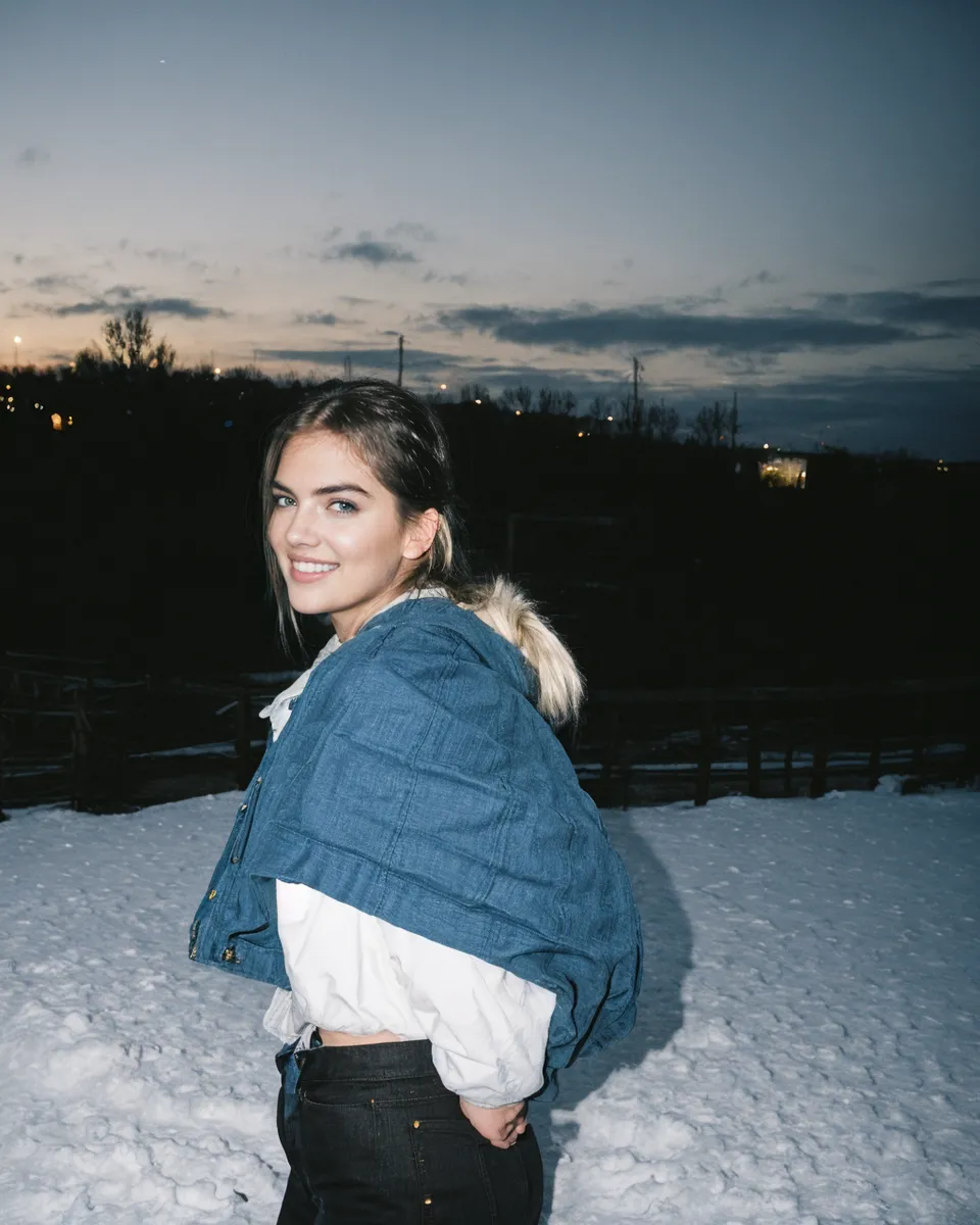 A smiling young woman stands on a snow-covered street during evening, wearing a blue jacket over a white shirt, with city lights and a dark sky in the background.
