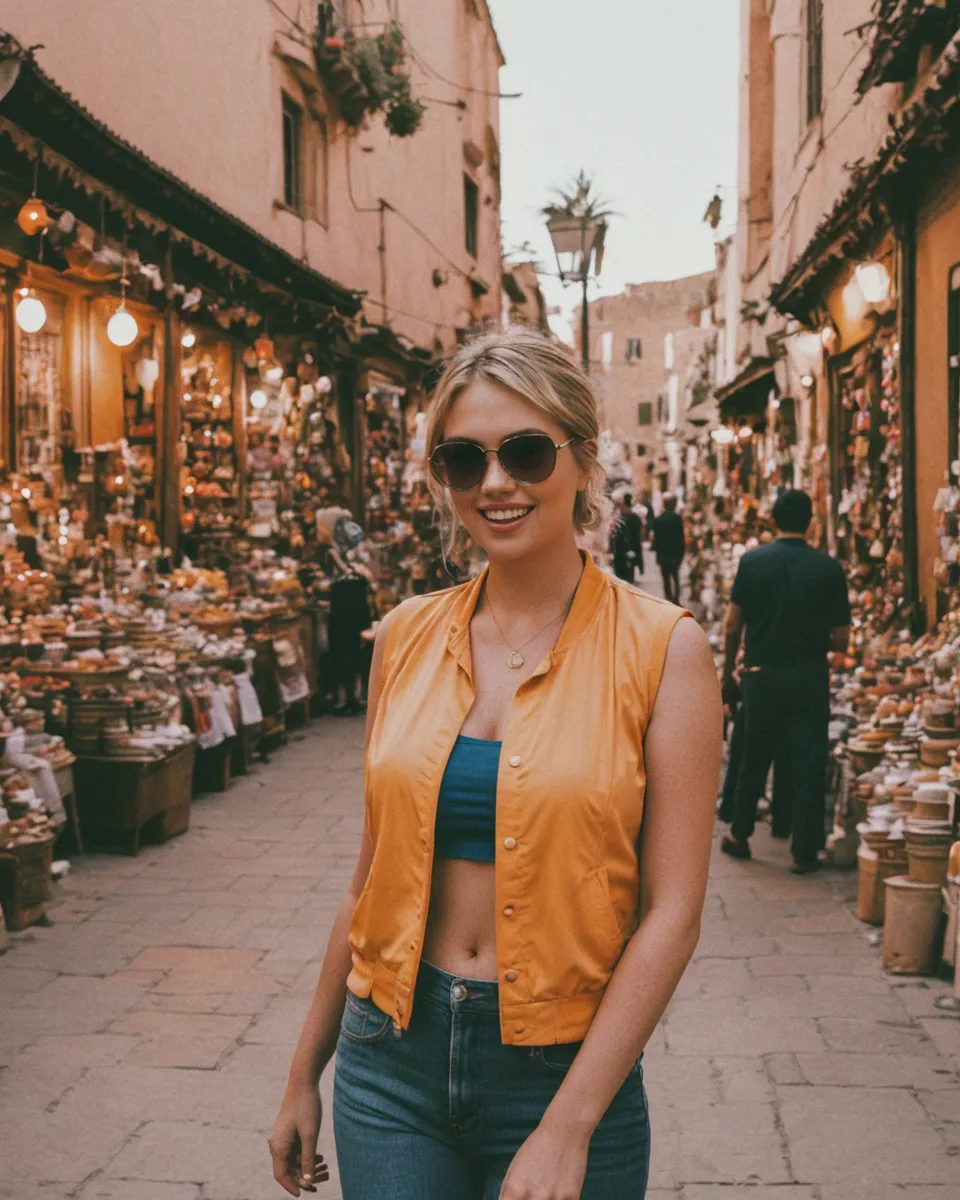 A smiling blonde woman wearing an orange sleeveless jacket and sunglasses stands in the vibrant alleys of Marrakech's souk, surrounded by market stalls.