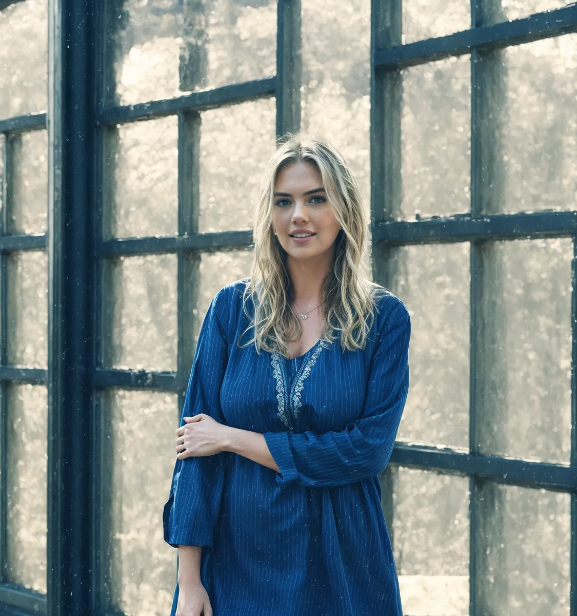 Portrait of a smiling blonde woman wearing a blue tunic dress standing indoors in front of large window panes with natural light filtering through, featuring soft film grain effect.
