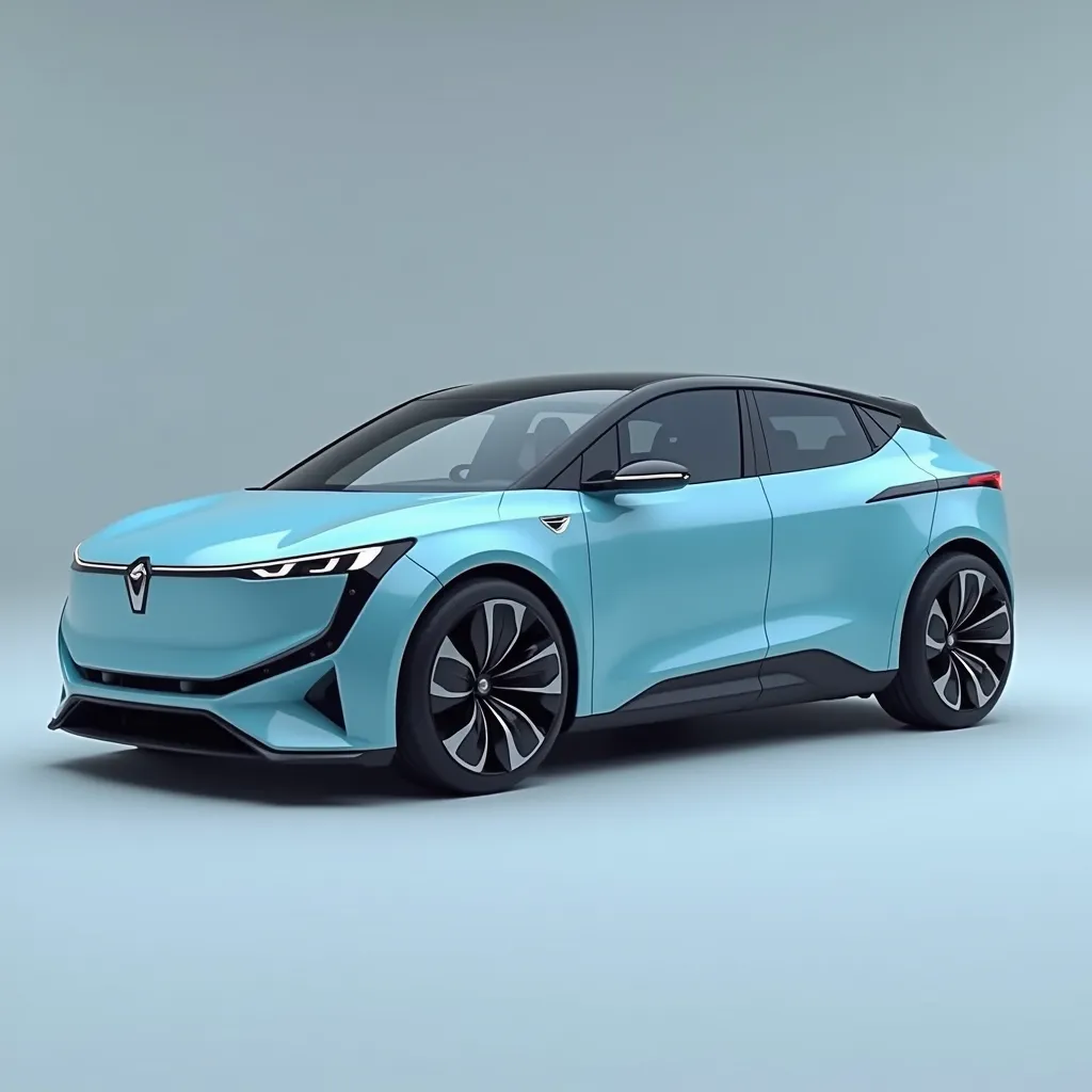 Light blue electric car prototype with sport look featuring aggressive down-facing headlights, sleek silver strips, low suspension, and high end wheels.
