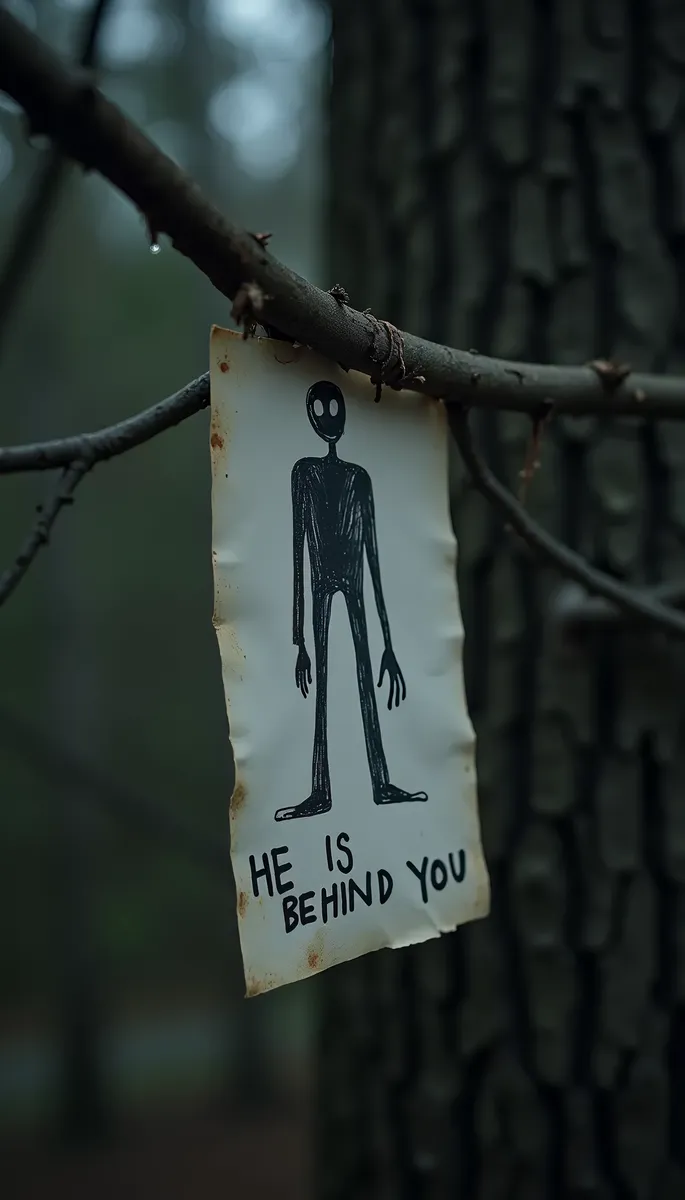 A hand-drawn illustration of Slender Man with large eyes on aged paper hanging from a tree branch at night, with handwritten text saying 'HE IS BEHIND YOU'.