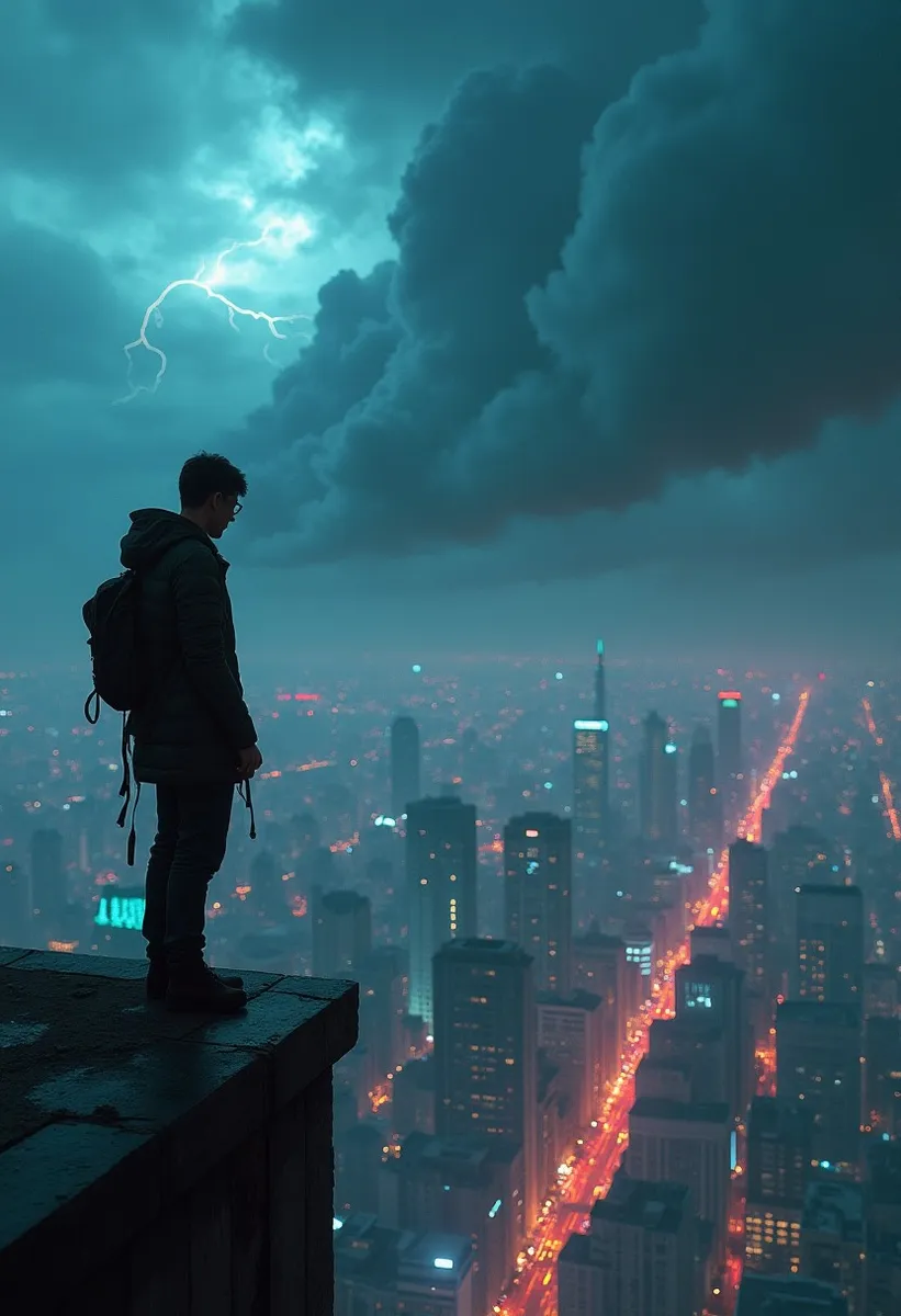 A lone person stands on the edge of a tall skyscraper rooftop overlooking a vast city illuminated by neon lights beneath stormy clouds with lightning.