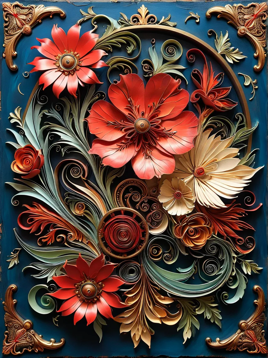 Intricate steampunk style embossed metal artwork featuring large metallic flowers in red, cream, and brass tones with ornate swirling leaves and gears on a dark blue background.