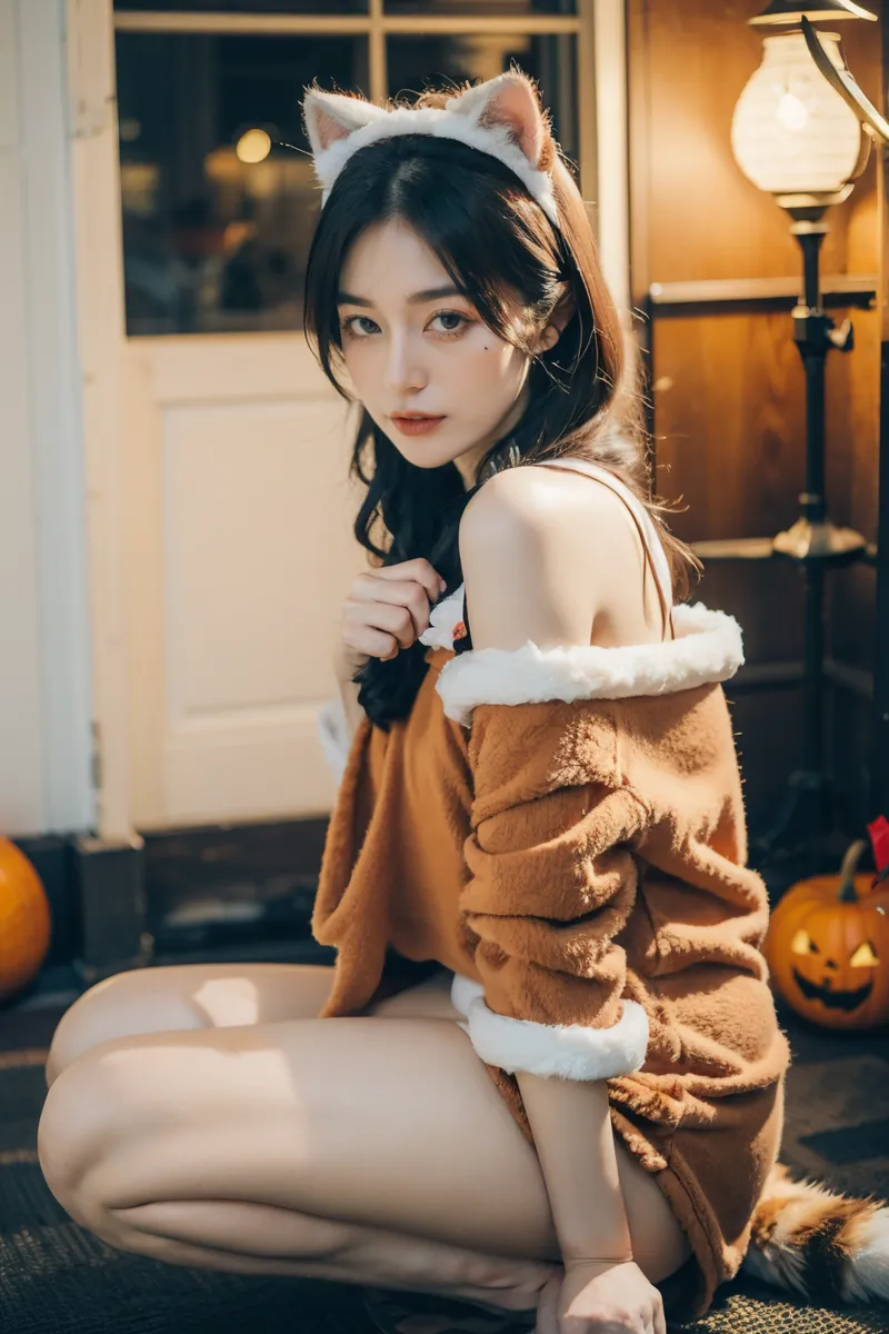 A girl dressed in a cat costume with fluffy tail and whiskers, sitting indoors near Halloween decorations including a pumpkin jack-o'-lantern.