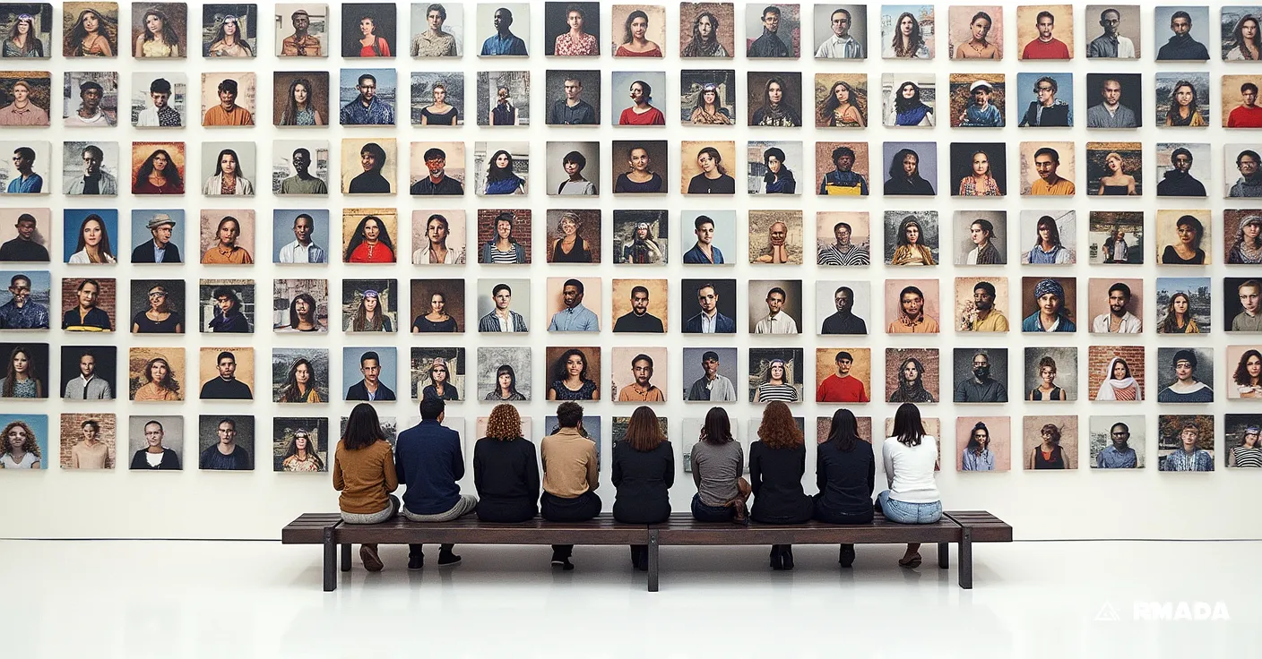 Group of people seated on a bench facing a large white wall covered with diverse portrait photographs arranged in a mosaic pattern, viewed from behind under natural light.