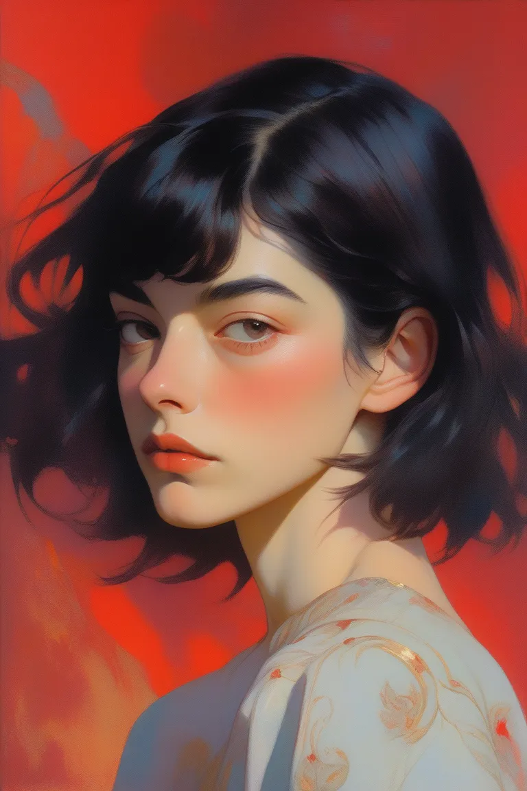 Realistic portrait of a girl with short dark pastel hair, soft makeup, and a crimson gradient background, painted in oil color style.