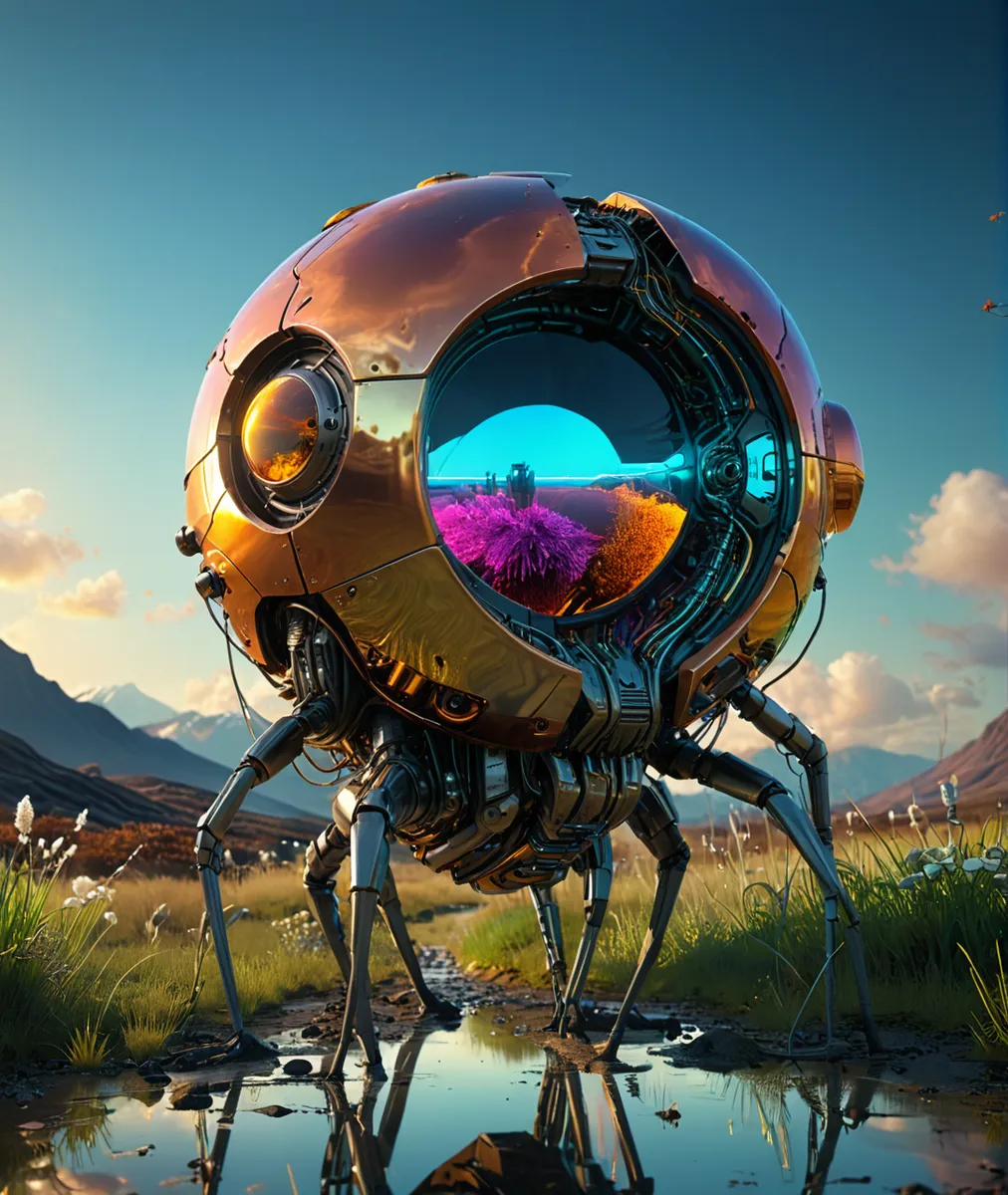 Futuristic bioengineered living machine with metallic spherical body and mechanical legs standing in a reflective water puddle outdoors at golden hour with mountains and colorful reflections.