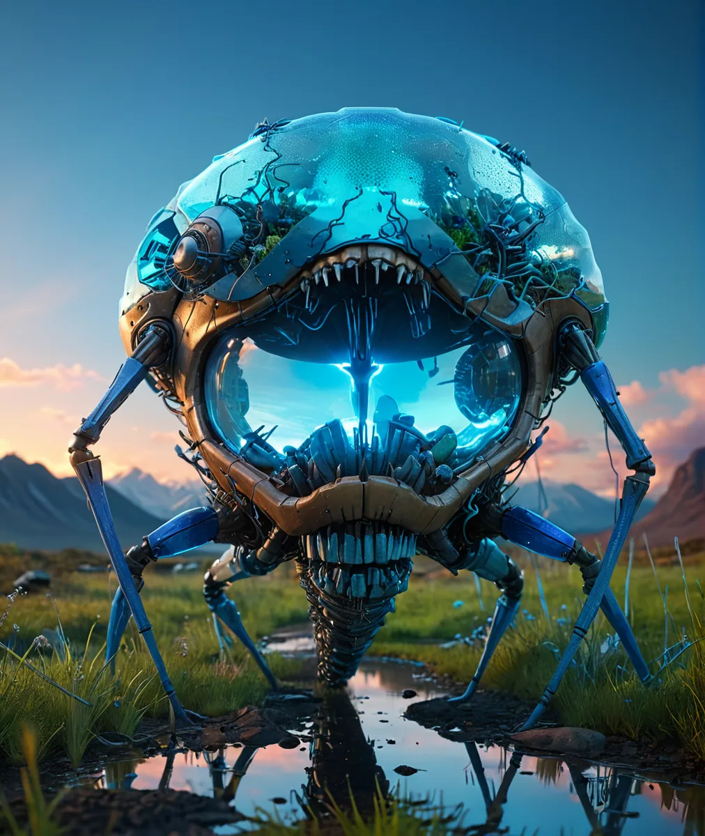 Full-body view of a futuristic, blue, transparent bioengineered creature with mechanical limbs and sharp teeth, standing outdoors by a water reflection at golden hour.