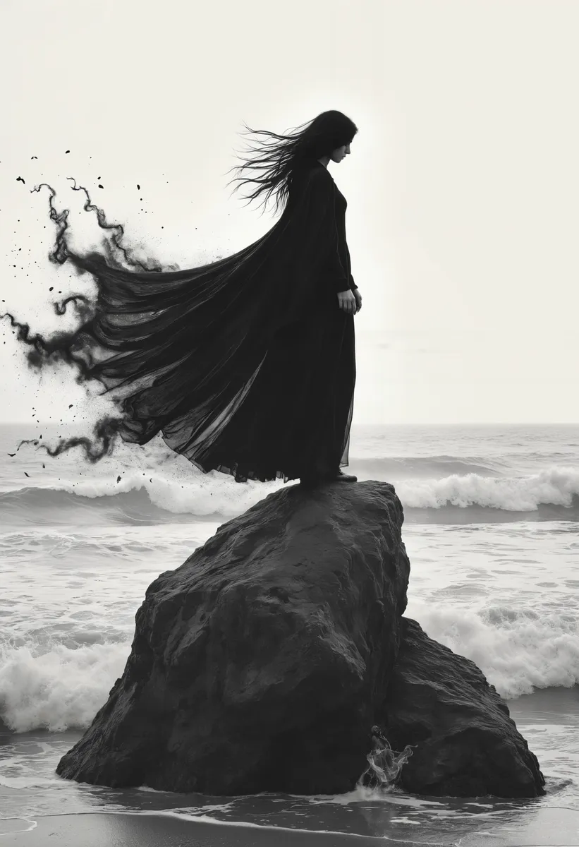 A black and white conceptual portrait of a woman standing on a large rock by the ocean, her long cloak disintegrating into smoke-like tendrils in the wind.