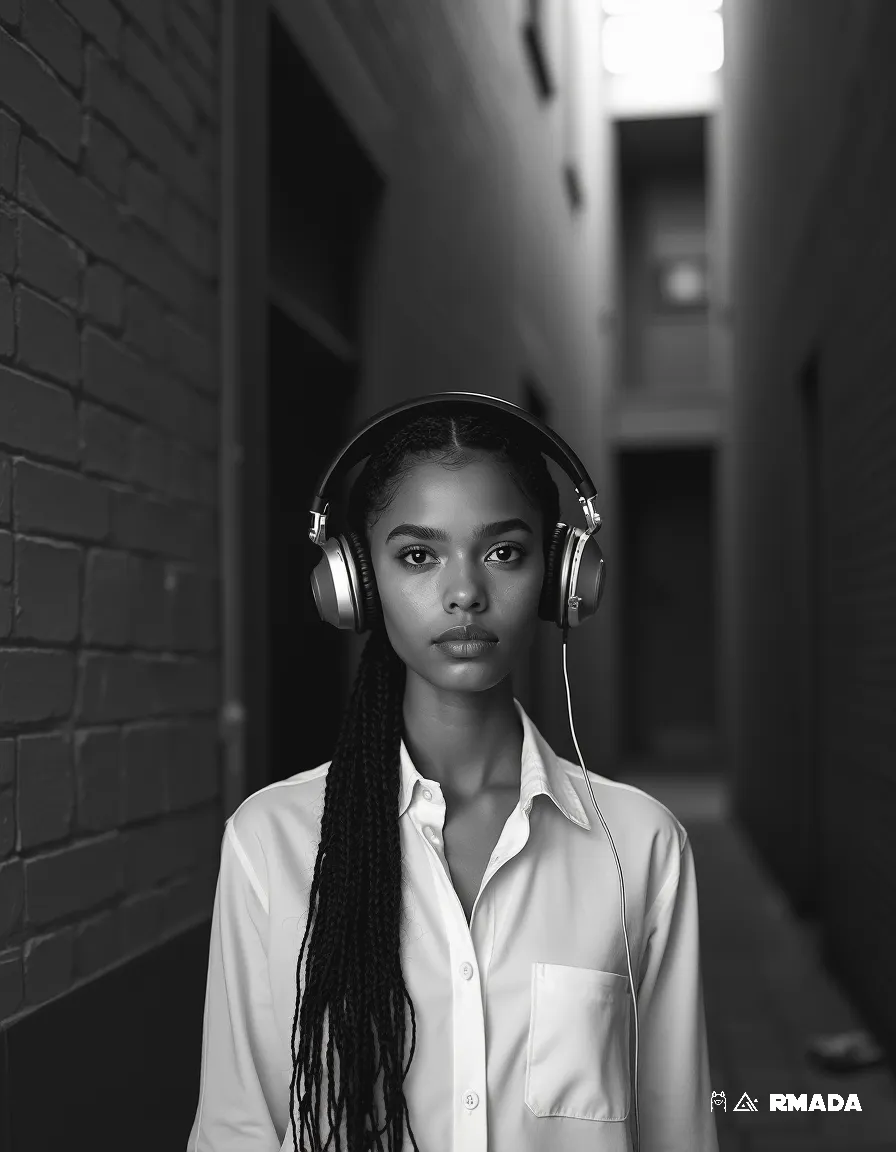 Black and white photo of a young woman with long braided hair wearing large headphones and a white shirt, standing in a dimly lit narrow alleyway.