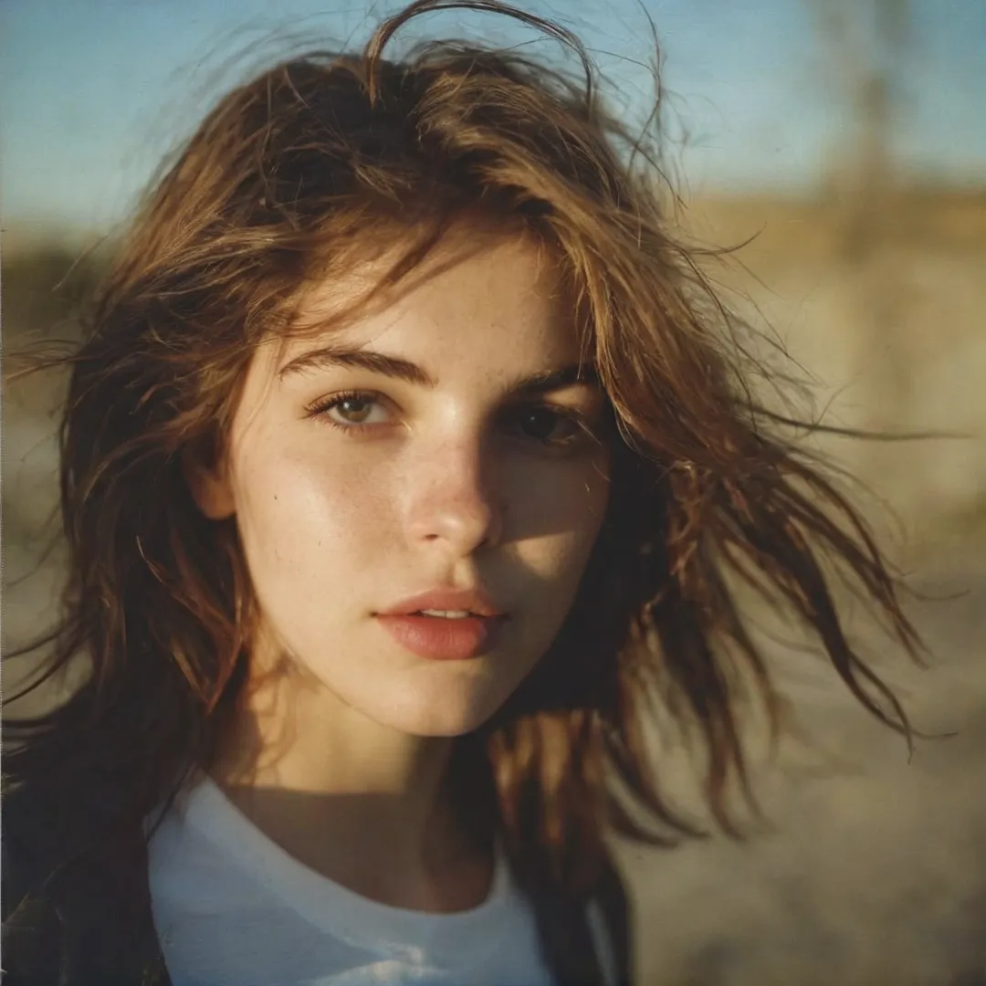 Close-up analog film portrait of a young woman with messy hair, soft lighting, and natural expression, captured with shallow depth of field and grainy vintage style.