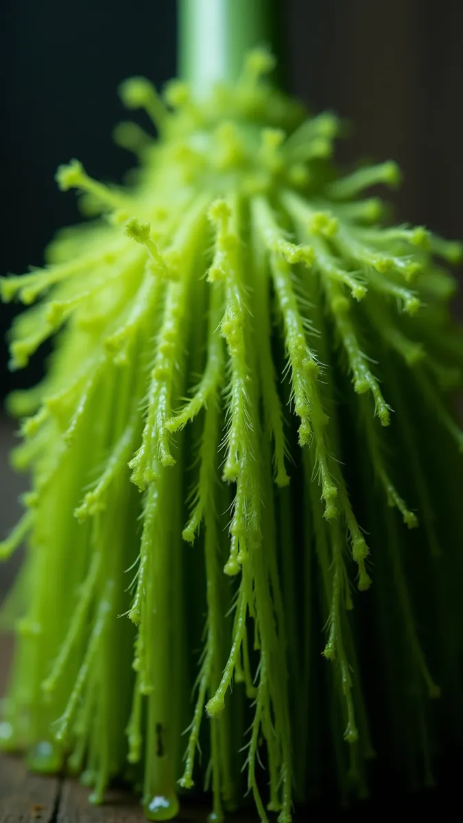 Close-up image of a well-used Holy Smite brush with splayed bristles stained in bright lime green color.
