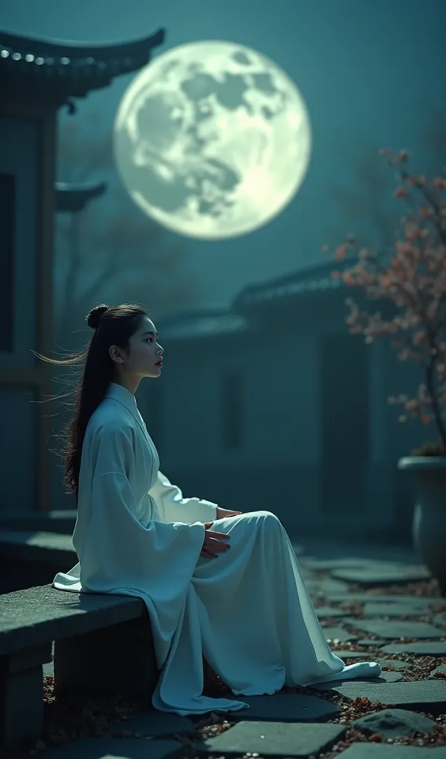 A woman wearing a flowing white hanfu sits on a stone bench in a traditional courtyard under a large bright full moon at night, illuminated by soft moonlight with her hair gently tousled by wind.