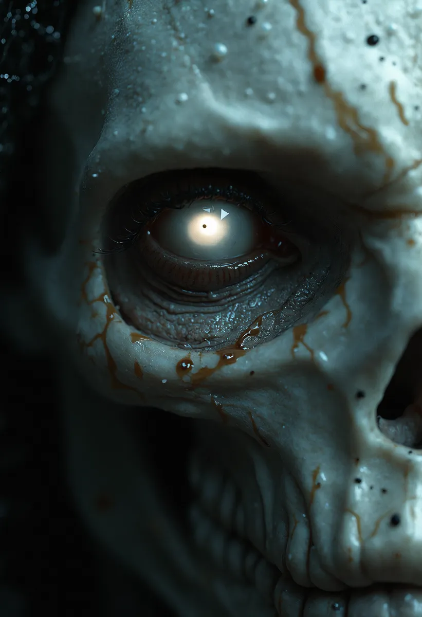 Close up of an albino underworld creature's eye with small white zombie-like eyes, hyper realistic translucent oiled skin, and detailed textures on pale skin.