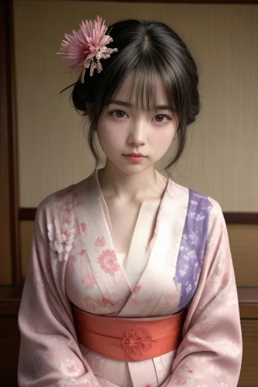 Portrait of a girl wearing a pink and purple kimono with floral patterns and a detailed pink hair ornament, resembling a Japanese doll.