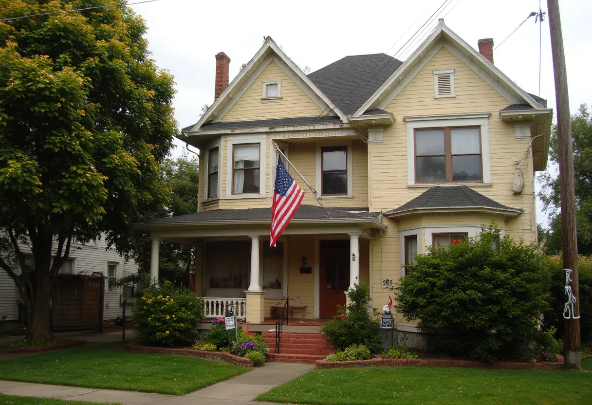 Yellow American style house with an American flag hanging on the porch, surrounded by green bushes and trees, with a well-maintained front lawn.