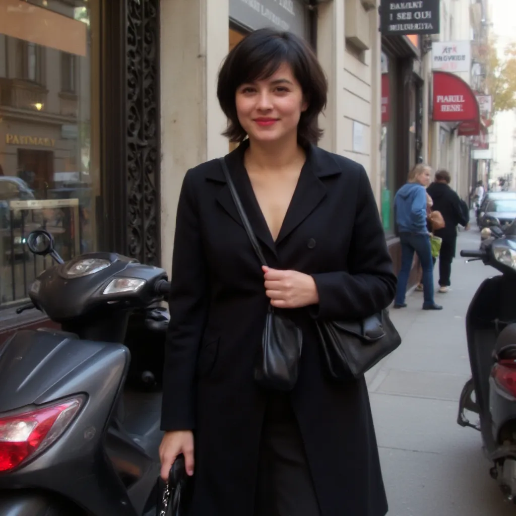 French woman with short black hair and red lips wearing modest business casual clothing and carrying a black purse standing by a parked scooter near a pharmacy sign on a Parisian street.
