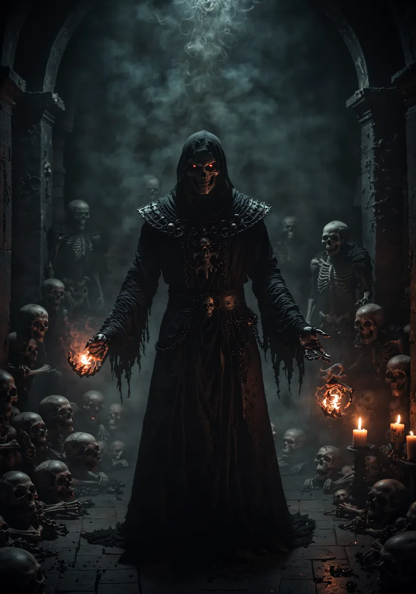A sinister necromancer with glowing red eyes in a dark dungeon surrounded by skulls and skeletons, casting a dark ritual with magical energy swirling around.